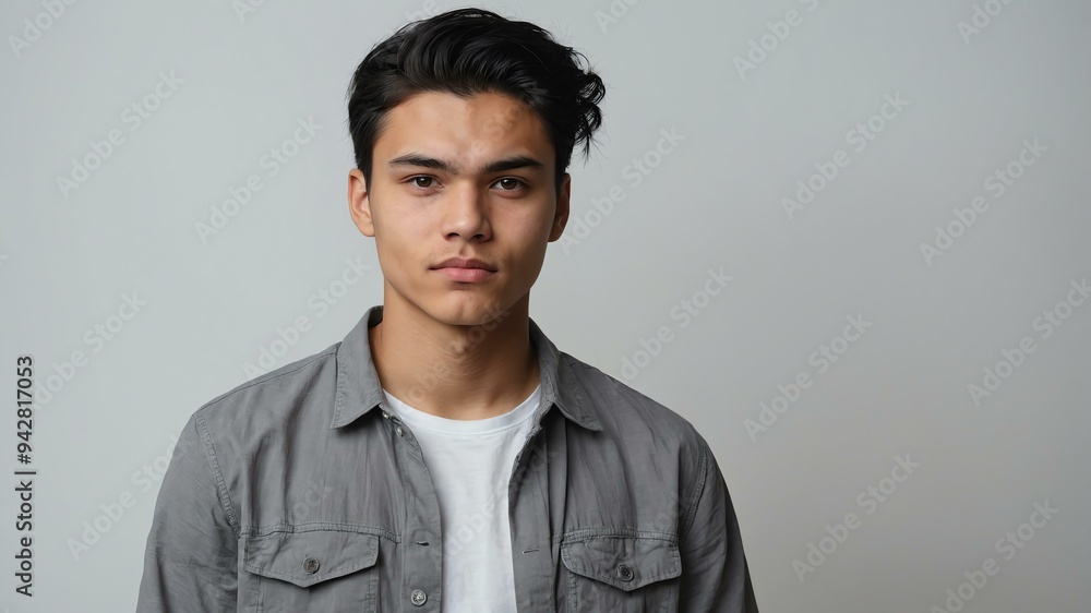 Fototapeta premium teen stunning black hair finnougric man with generic shirt model portrait standing straight on a white wall for ad concept space for text