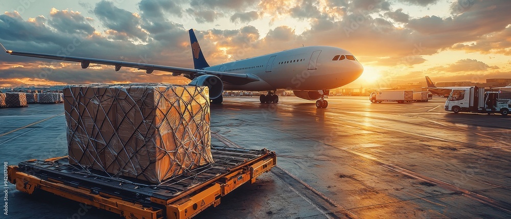 Sunset Plane Departure - Cargo Shipment at Airport Tarmac Sunset Plane Departure - Cargo Shipment at Airport Tarmac