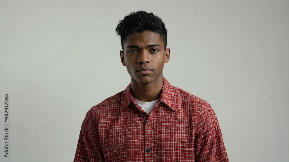 Obraz premium teen stunning black hair european man with red shirt model portrait standing straight on a white wall for ad concept space for text