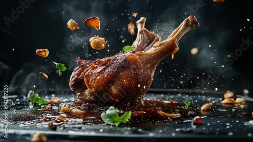 Deliciously roasted meat leg garnished with herbs, captured in dynamic motion against a dark background.