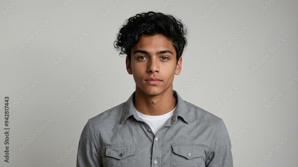 Obraz premium teen stunning black hair european man with gray shirt model portrait standing straight on a white wall for ad concept space for text