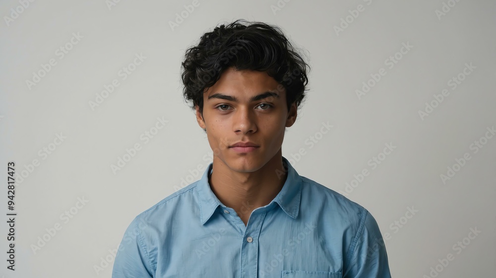 Obraz premium teen stunning black hair european man with blue shirt model portrait standing straight on a white wall for ad concept space for text