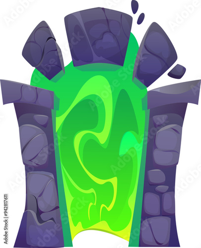 Magic portal door, fantasy stone arch game asset. Cartoon vector vibrant green doorway with swirling patterns, surrounded by a rugged stone arch, emits a mystical glow, inviting into magical world