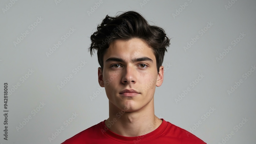 Fototapeta premium teen stunning black hair caucasian man with red shirt model portrait standing straight on a white wall for ad concept space for text