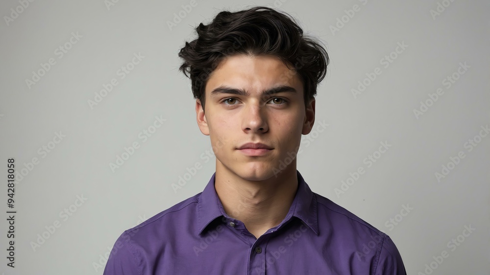 Obraz premium teen stunning black hair caucasian man with purple shirt model portrait standing straight on a white wall for ad concept space for text