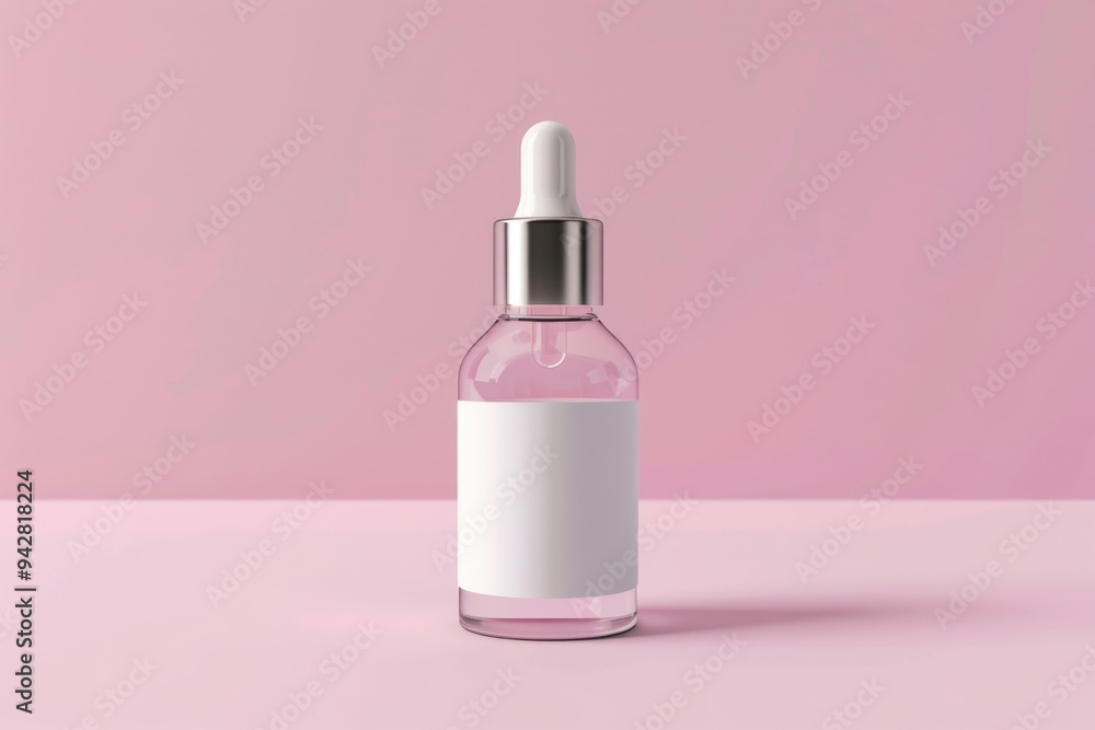 A bottle of pink liquid with a silver top, suitable for use in lifestyle, beauty, or health-related contexts A bottle of pink liquid with a silver top, suitable for use in lifestyle, beauty, or health-related contexts