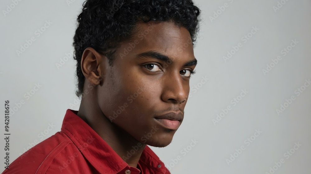 Obraz premium teen stunning black hair american man with red shirt model portrait standing straight on a white wall for ad concept space for text