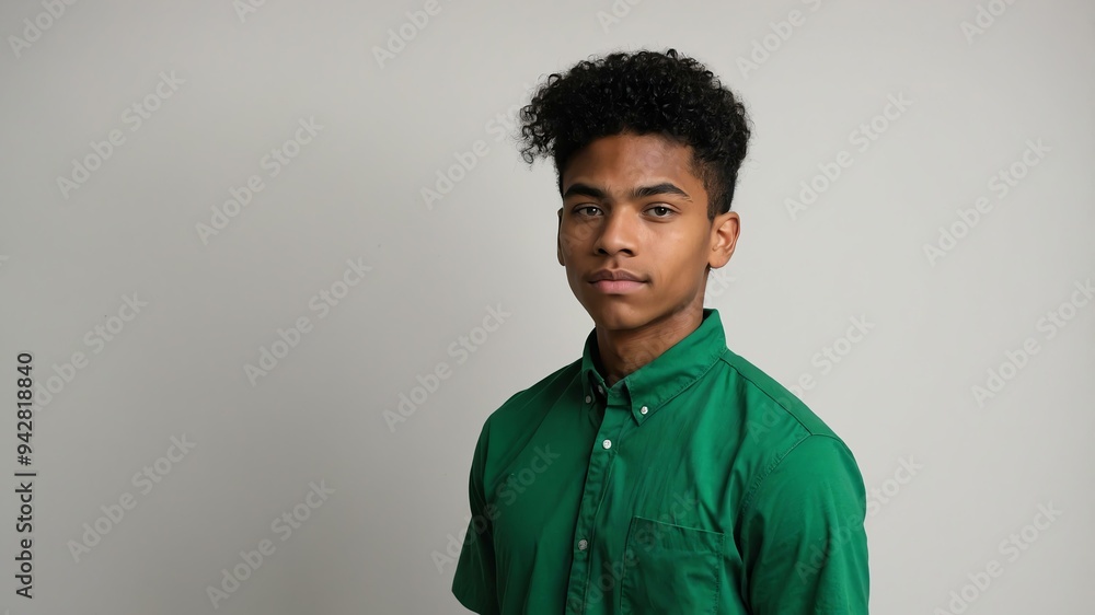 Obraz premium teen stunning black hair american man with green shirt model portrait standing straight on a white wall for ad concept space for text