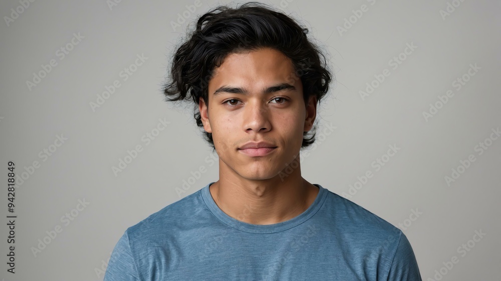 Obraz premium teen stunning black hair american man with gray shirt model portrait standing straight on a white wall for ad concept space for text