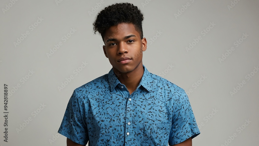 Fototapeta premium teen stunning black hair american man with blue shirt model portrait standing straight on a white wall for ad concept space for text