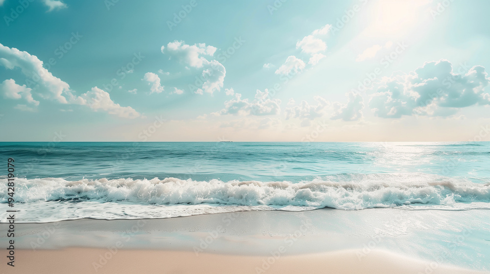 A tranquil beach scene with whitecaps and blue sky A tranquil beach scene with whitecaps and blue sky