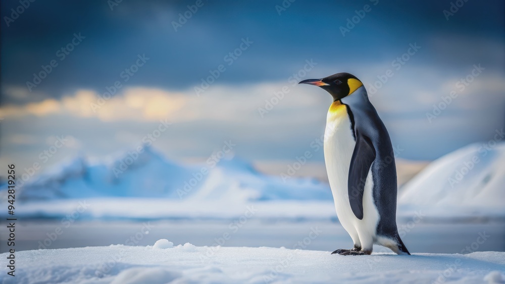 Naklejka premium A penguin standing alone on a snowy landscape, penguin, snow, cold, wildlife, nature, Antarctic, ice, cute, winter