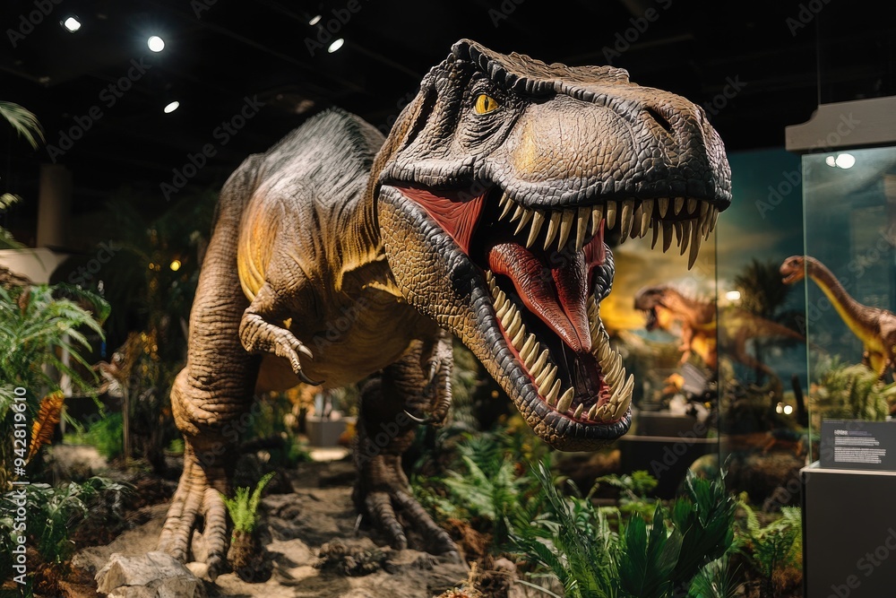 Obraz premium A Tyrannosaurus Rex Dinosaur Model in a Museum Exhibit