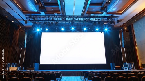 Spacious Corporate Event Stage with Large Blank Screen and Professional AV Setup for Business Gatherings