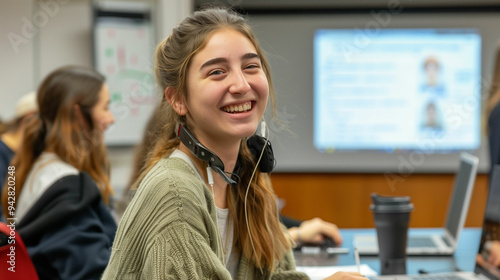 Smiling student presenting research at a university conference
