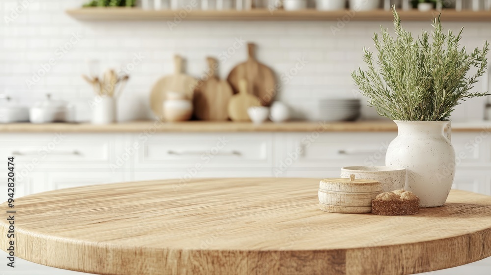 Round wood tabletop featured prominently in a bright and clean kitchen, ready to be used as a display or product montage. Round wood tabletop featured prominently in a bright and clean kitchen, ready to be used as a display or product montage.
