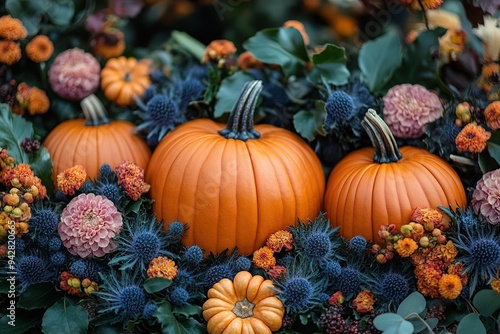 Thanksgiving or autumn scene with pumpkins, autumn leaves and berries on wooden table. Autumn background with copy space. Banner