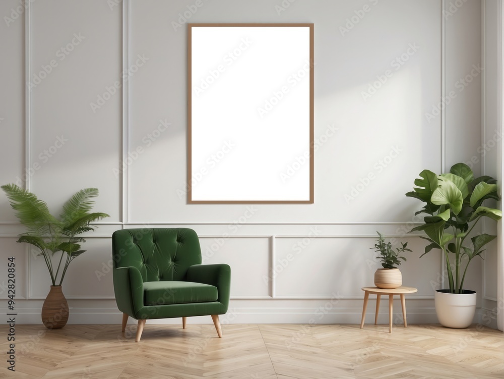 White Room with Green Velvet Armchair and Plants White Room with Green Velvet Armchair and Plants