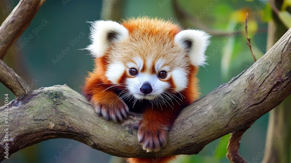 Obraz premium A red panda relaxes on a sturdy tree branch, surrounded by green foliage, enjoying the warm afternoon sun in its natural habitat