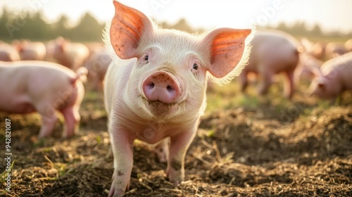 A pig is standing in a field with other pigs
