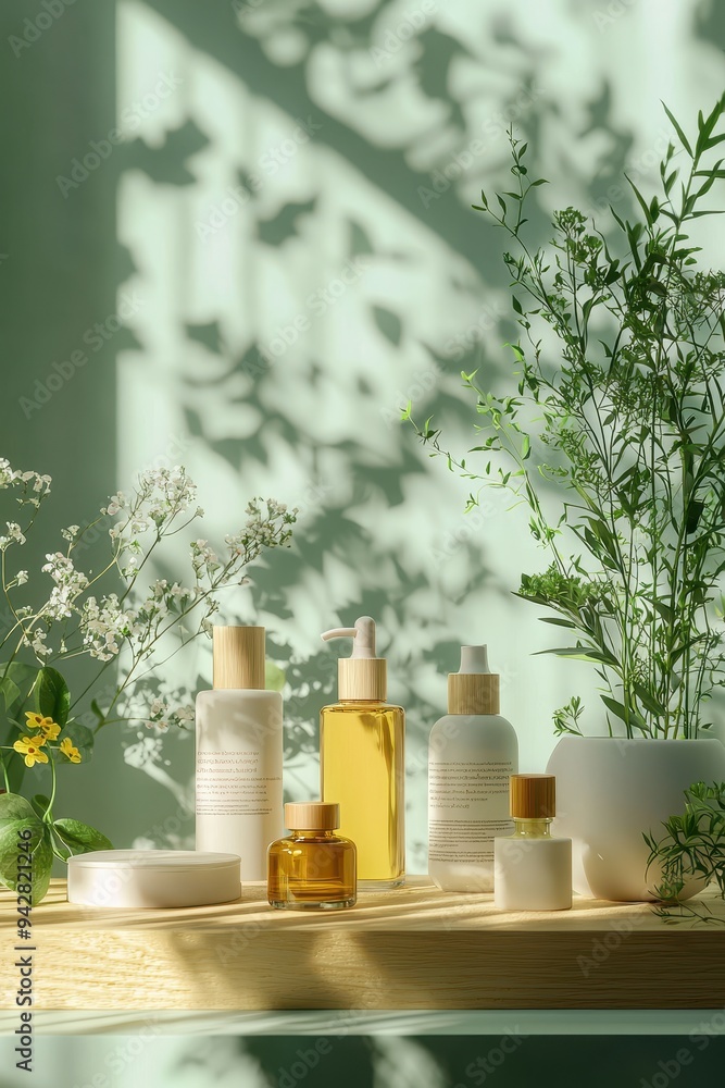 Natural skincare products on a wooden shelf with foliage and plants Natural skincare products on a wooden shelf with foliage and plants