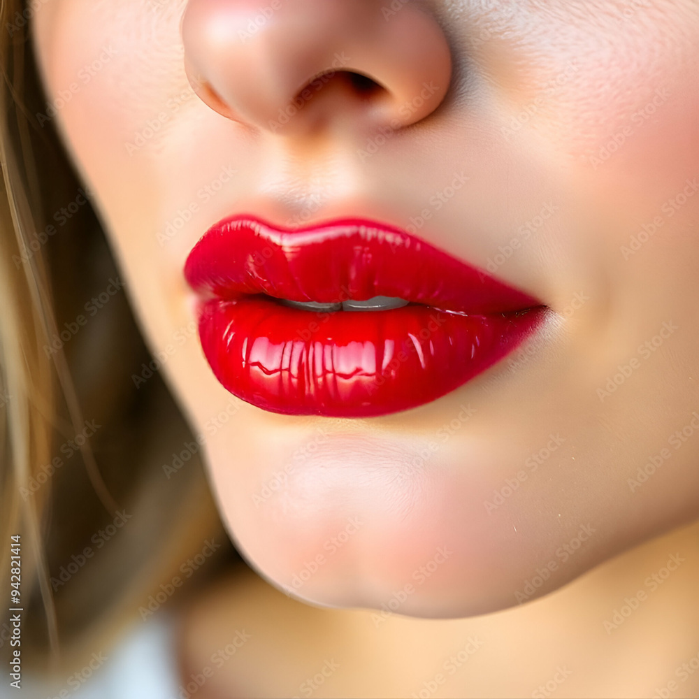 Close-up of a woman's full, red lips with gloss Close-up of a woman's full, red lips with gloss