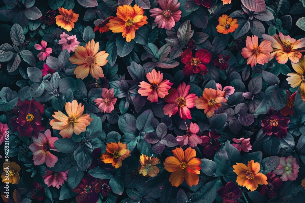 A variety of colorful flowers growing together in a lush green field A variety of colorful flowers growing together in a lush green field