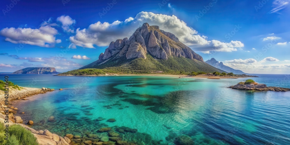 Fototapeta premium Majestic view of Tavolara island in Sardinia, Italy, Mediterranean, landscape, ocean, cliffs, rocky, coastline