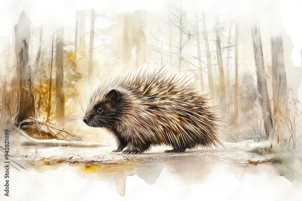 Obraz premium A beautifully illustrated porcupine in a serene forest setting, showcasing nature's wildlife and artistry in perfect harmony.