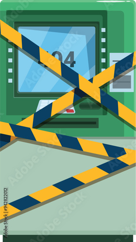 Green atm is wrapped in yellow and black caution tape showing 404 error on the screen