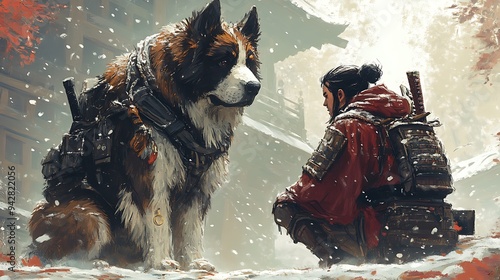 Samurai and his loyal canine companion in a snowy Japanese village. photo