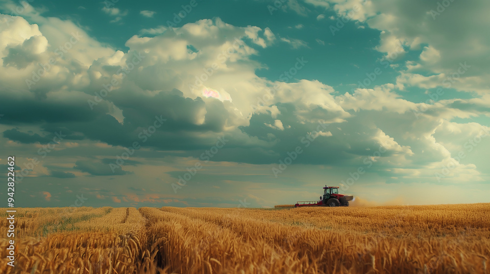 Fototapeta premium Tractor harvesting wheat under cloudy autumn sky