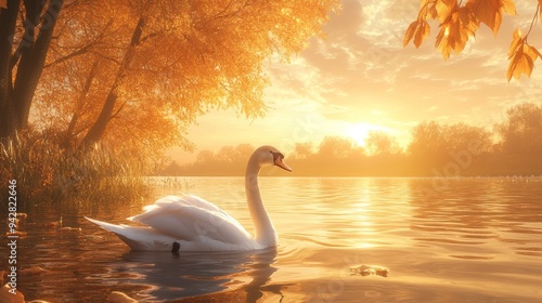 Fototapeta Naklejka Na Ścianę i Meble -  Serene swan gliding through tranquil waters amidst autumn's golden hues as the sun paints the horizon.
