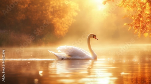 Fototapeta Naklejka Na Ścianę i Meble -  Serene swan gliding through tranquil waters amidst autumn's golden hues as the sun paints the horizon.