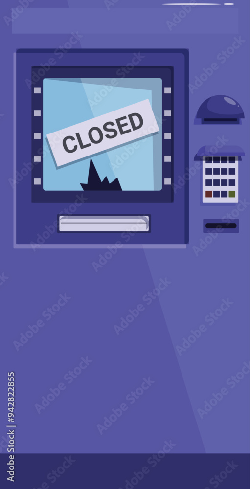 Broken atm machine showing closed sign on screen Broken atm machine showing closed sign on screen