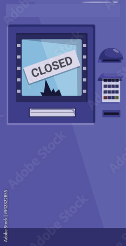 Broken atm machine showing closed sign on screen