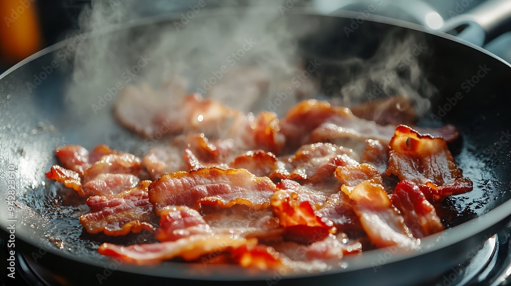 Savory Sizzle - Close-up of Sizzling Bacon in Frying Pan with Steam, International Bacon Day Celebration Delight, Appetizing and Tempting View Savory Sizzle - Close-up of Sizzling Bacon in Frying Pan with Steam, International Bacon Day Celebration Delight, Appetizing and Tempting View