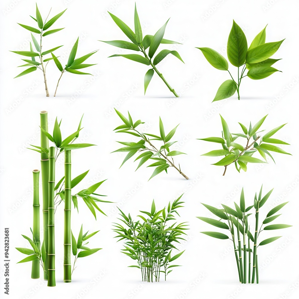 Fototapeta premium Different realistic bamboo plants with leaf isolated on white background