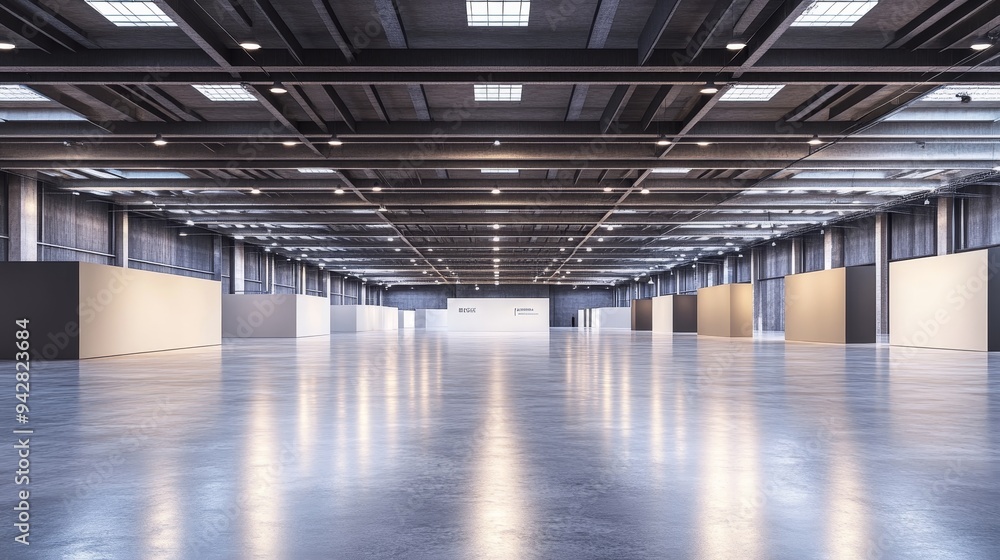 Fototapeta premium Spacious, empty exhibition center with backdrops for exhibition stands. 3D rendering.