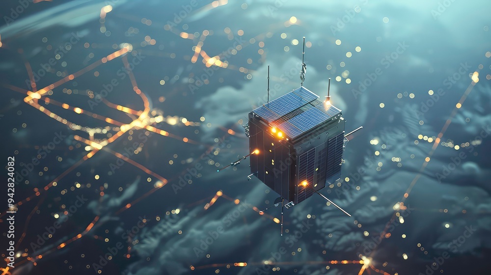 A satellite orbits the Earth, illuminated by the city lights below. A satellite orbits the Earth, illuminated by the city lights below.