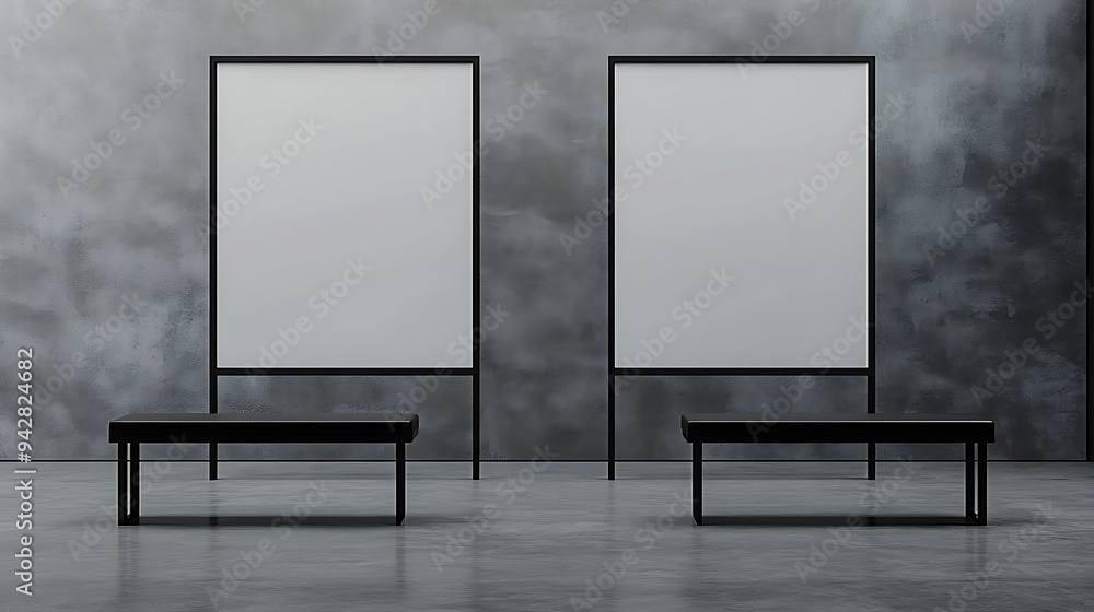 3D Industrial Gallery Rendering with Two Blank Partitions, Sleek Black Benches, and Gray Wall Background 3D Industrial Gallery Rendering with Two Blank Partitions, Sleek Black Benches, and Gray Wall Background