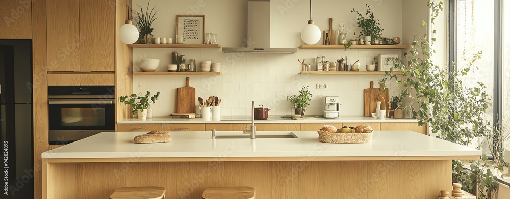 A Scandinavian kitchen with light wood cabinets A Scandinavian kitchen with light wood cabinets