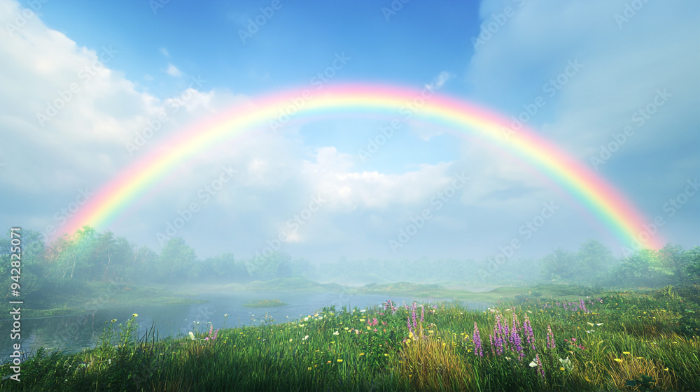 Naklejka premium rainbow over the meadow, A view of a rainbow arching over a picturesque landscape, such as rolling hills, a meadow,