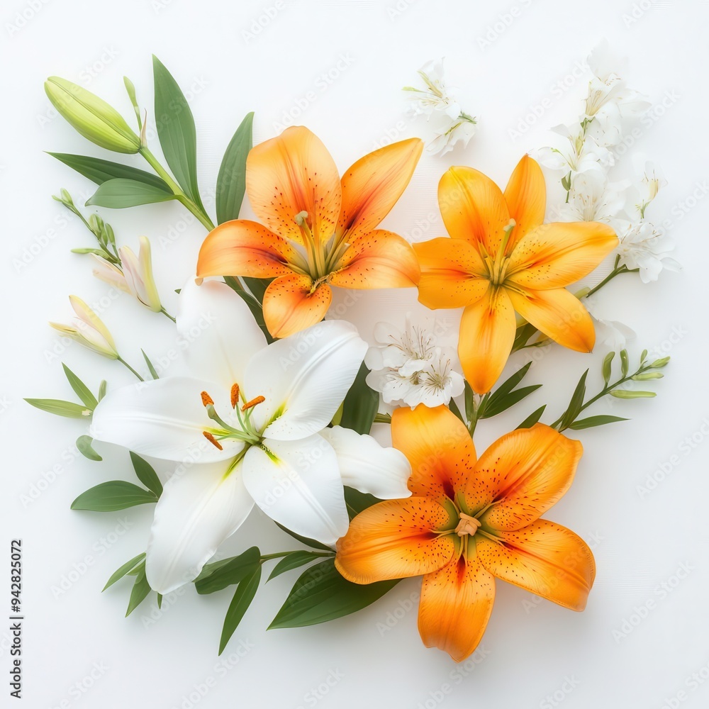 Fototapeta premium Flat lay composition with beautiful blooming lily flowers on white background