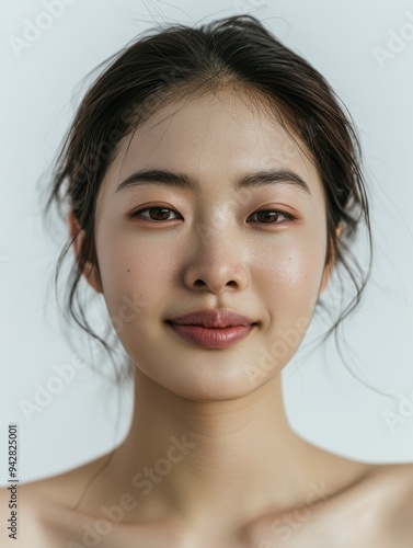 Close-up photo of an Asian woman on a white background, showing only her face and head, with her hair tied back and a slight smile on her face, for use in projects about clean skin without any problem