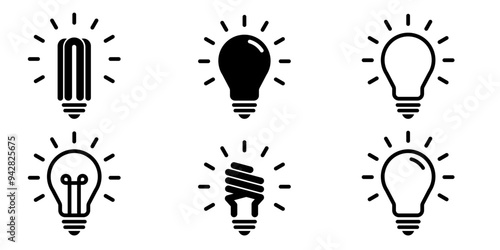 Light bulb black line icons set on white background. Idea symbol. Electric lamp, light, innovation, solution, creative thinking, electricity. Outline, flat and colored style. Flat design.