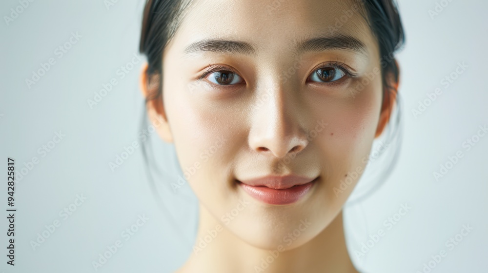 Close-up photo of an Asian woman on a white background, showing only her face and head, with her hair tied back and a slight smile on her face, for use in projects about clean skin without any problem Close-up photo of an Asian woman on a white background, showing only her face and head, with her hair tied back and a slight smile on her face, for use in projects about clean skin without any problem