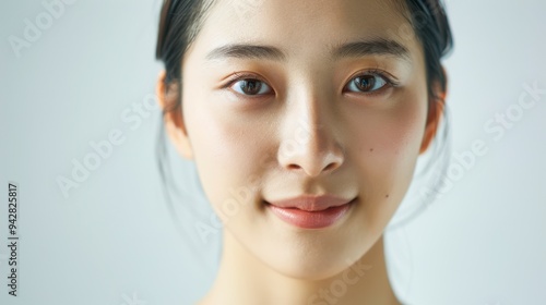 Close-up photo of an Asian woman on a white background, showing only her face and head, with her hair tied back and a slight smile on her face, for use in projects about clean skin without any problem