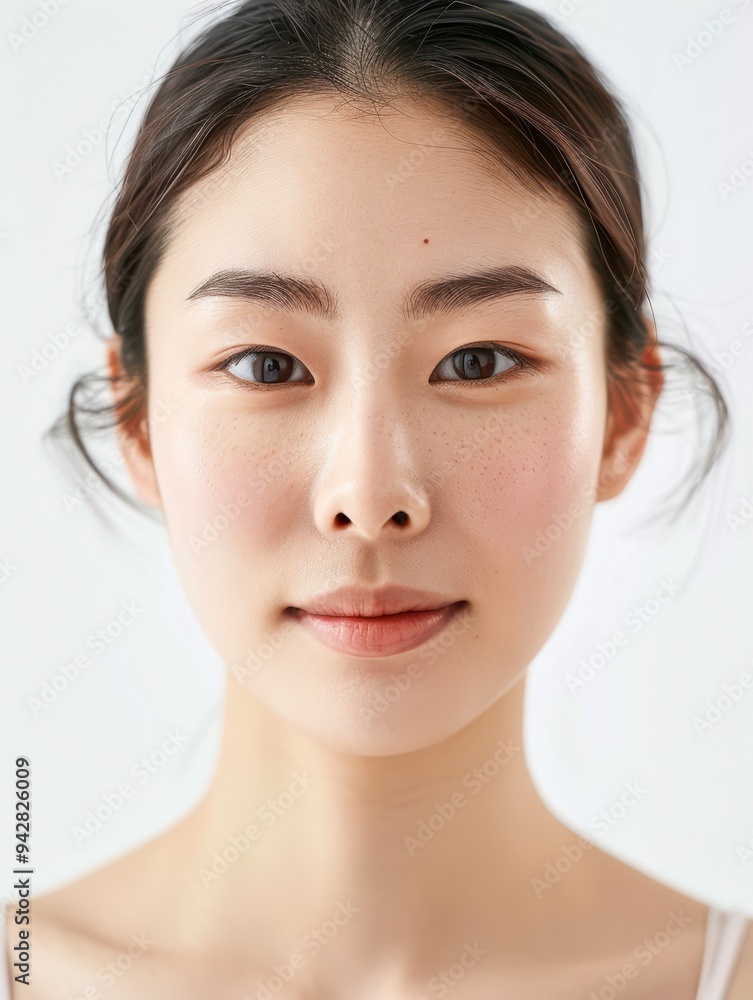 Close-up photo of an Asian woman on a white background, showing only her face and head, with her hair tied back and a slight smile on her face, for use in projects about clean skin without any problem Close-up photo of an Asian woman on a white background, showing only her face and head, with her hair tied back and a slight smile on her face, for use in projects about clean skin without any problem