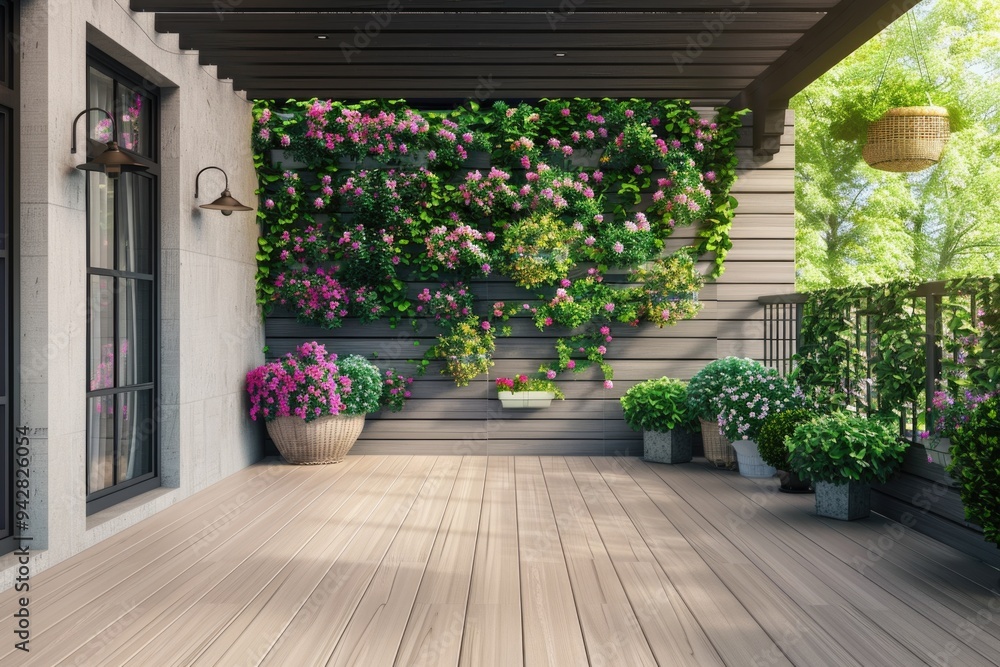 Fototapeta premium A wooden deck with potted plants, perfect for outdoor living spaces